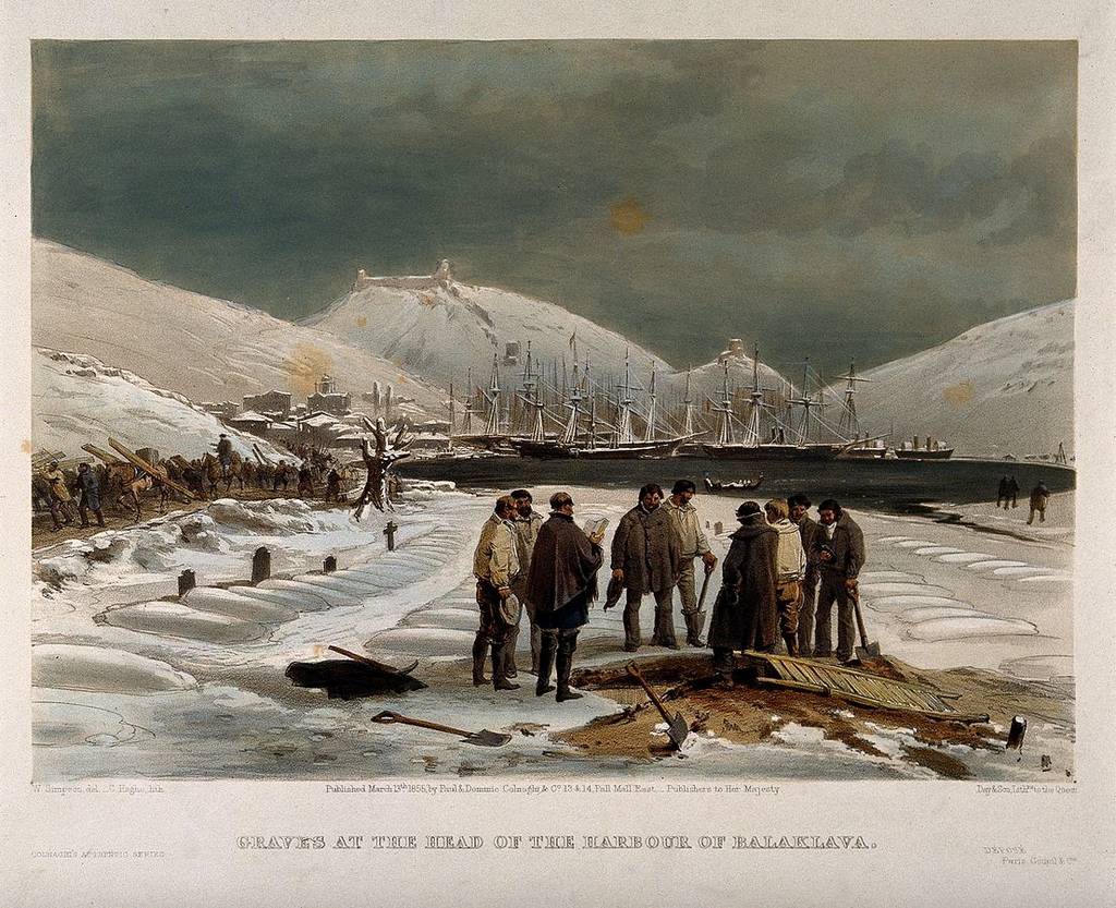 Crimean War, Balaklava: graves at the harbour. Coloured lith