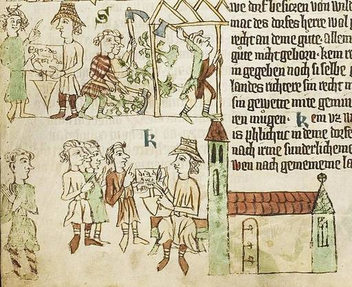 Szene aus dem Heidelberger Sachsenspiegel, die die deutsche Ostsiedlung um 1300 darstellt.