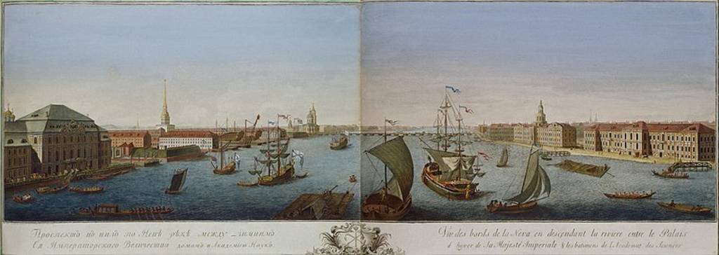 View of the Neva Downstream between the Winter Palace and the Academy of Sciences». Etching with line engraving and watercolour. State Hermitage.