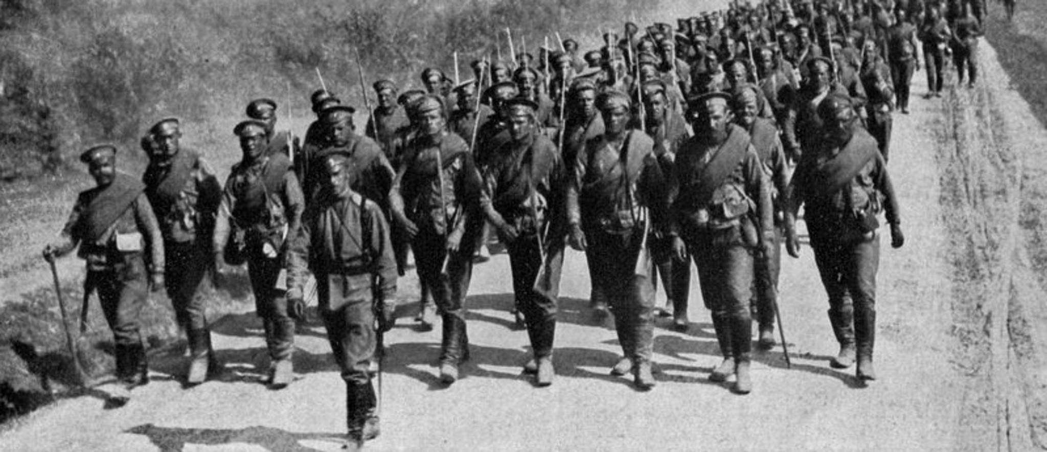 Russion troops going to the front: Supports for the imperial guards being hurried into the fighting line.