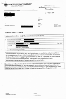 Aufnahmebescheid nach dem Bundesvertriebenengesetz, ausgestellt am 08.02.2005 für einen Spätaussiedler aus Russland.