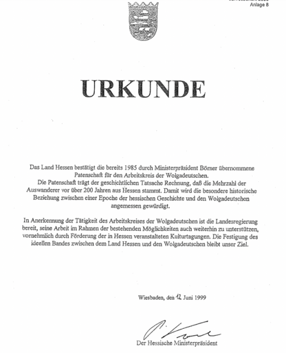 Patenschaftsurkunde des Landes Hessen über die Wolgadeutschen