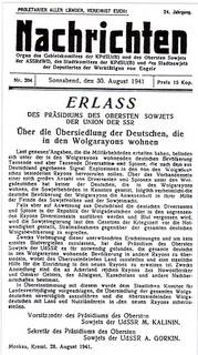„Über die Umsiedlung der Deutschen, die in den Wolga-Rayons leben“, 28. August 1941.