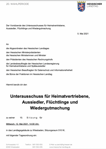 Ausschreibung zu einer Sitzung des Unterausschusses für Heimatvertriebene, Aussiedler, Flüchtlinge und Wiedergutmachung