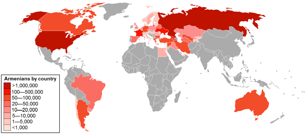Weltkarte, die die Verteilung der Armenier über die Länder der Welt zeigt.