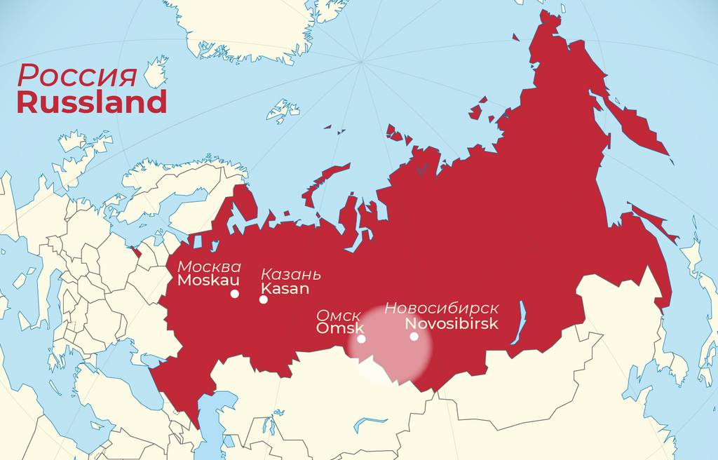 Karte vom heutigen Russland, die das Gebiet der deutschrussischen Nationalrayons zeigt
