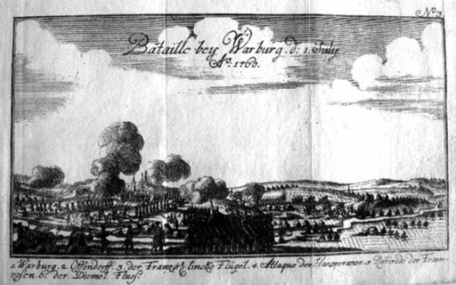Kupferstich aus dem 18. Jahrhundert, der französische Truppen während des Siebenjährigen Krieges bei Warburg zeigt